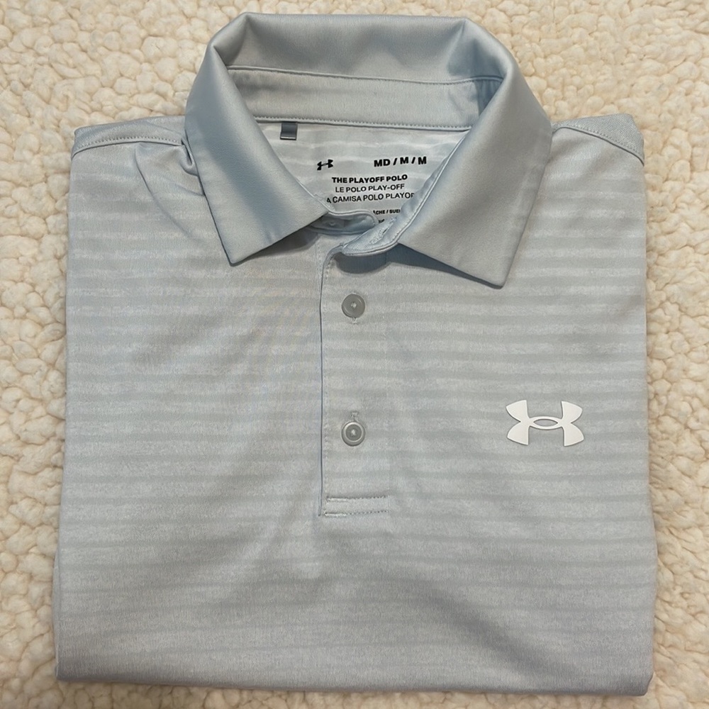 Men’s Under Armour The Playoff Polo. Size M. Grey and white striped.
